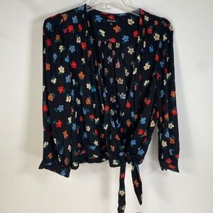 Madewell Floral Print Wrap Tie Blouse‎ Long Sleeve Black Size L